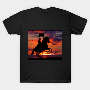 Knight riding on horse at night during sunset T-Shirt